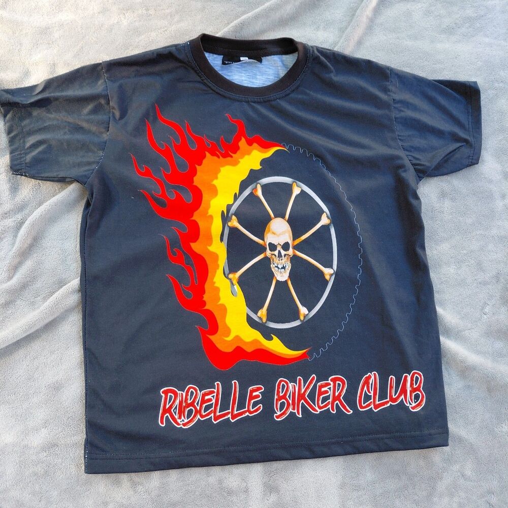 Ribelle Biker Club Mens T-Shirt Small Black Skull Flams Guitar Graphic Print